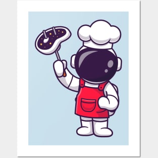 Cute Astronaut Chef With Grilled Meat Cartoon Posters and Art